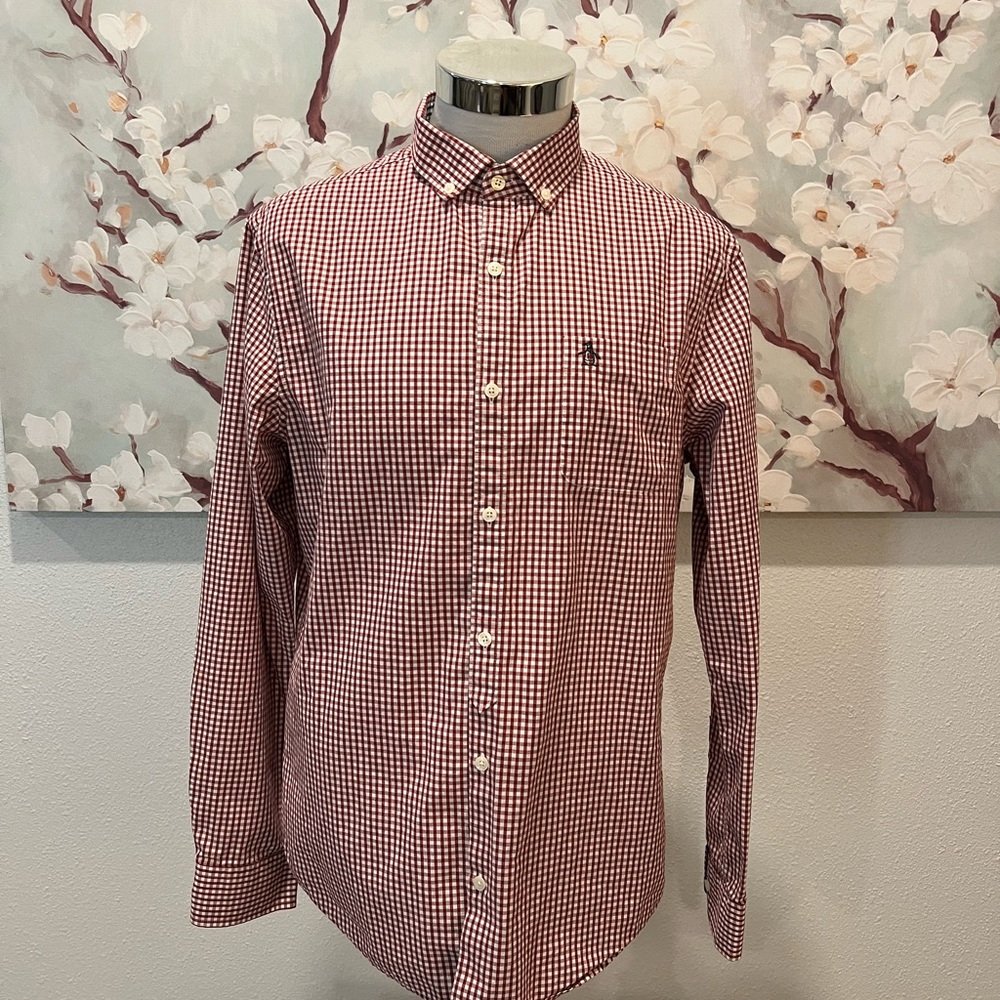Penguin Button Up Shirt Men’s Large  Multicolor Plaid Long Sleeve Pocket Slim